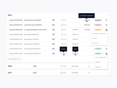 Billing tracking card card design dashboard dashboard design dashboard ui data datavisualization design frenchtech invoice list product product design proptech real estate table ui ui design ux ux design