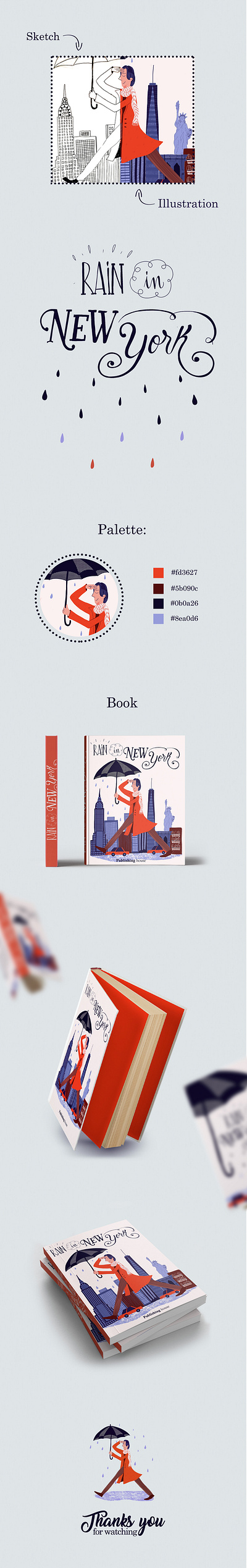 Book cover Rain in New York colors design illustration typography