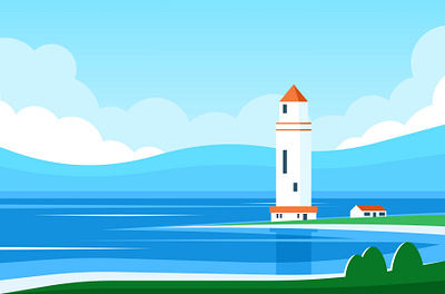 Lighthouse by the sea beach blue clouds dock dune freedom grass horizon landscape light lighthouse ocean panorama relax sea seagrass seaside sky summer vector