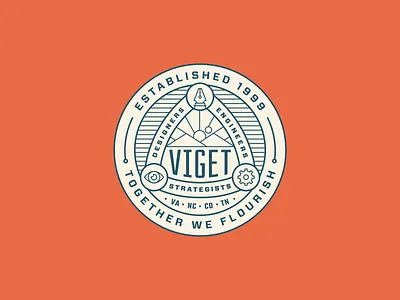 Vigemus Maximus badge cog eye flat illustration mountains pen seal stroke sun trinity viget
