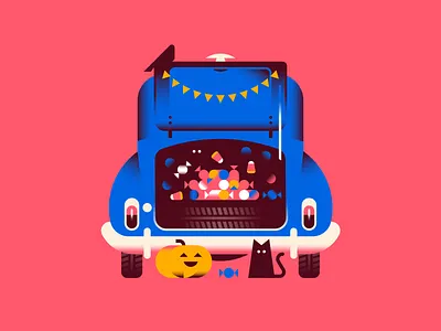 Trunk Treats candy car cat design halloween illustration night pumpkin spooky trunk or treat vector vintage
