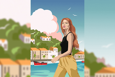 beach walk beach bluesky design flat flat illustration girl illustration landscape sea summer vacations vector