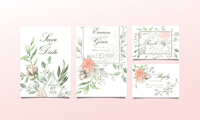 Wedding Invitation Card Set with Watercolor Floral and Leaves border bouquet card decoration decorative design elegant floral frame greenery illustration invite leaf nature plant set vector vintage watercolor wedding