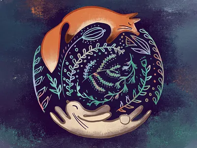 A Rabbit and a Fox - Circle of Life botanical childrens book childrens illustration circle of life forest animals forest creatures fox gouache hare illustration art nature rabbit textured wilderness wildlife wildlife art