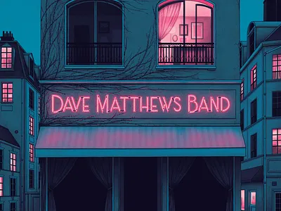 Dave Matthews Band Poster band band merch bicycle cafe coffee shop concert fox gig poster illustration neon neon sign nicholas moegly nighttime paris poster screen print
