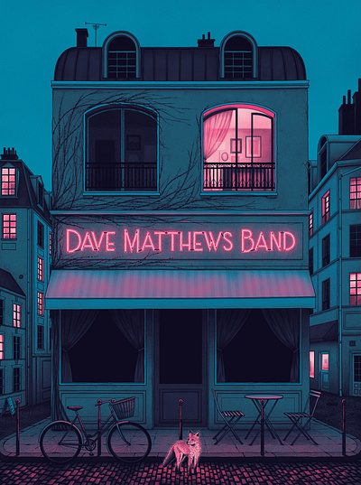 Dave Matthews Band Poster band band merch bicycle cafe coffee shop concert fox gig poster illustration neon neon sign nicholas moegly nighttime paris poster screen print