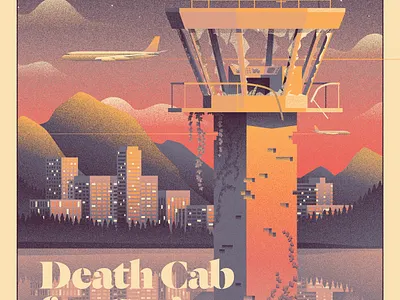 Death Cab for Cutie Summer Tour Poster - Variant abandoned city clouds control death cab for cutie gig grain illustration mountains plane poster shore skyline sunset tower vines