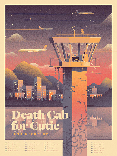 Death Cab for Cutie Summer Tour Poster - Variant abandoned city clouds control death cab for cutie gig grain illustration mountains plane poster shore skyline sunset tower vines