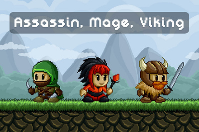 Free Pixel Art Assassin, Mage, Viking Game Heroes 2d assassin character fantasy game assets gamedev indie game mage pixel art platformer rpg sprite superhero viking