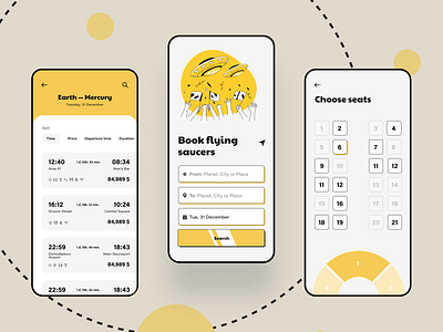 Flying Saucers App 2019 app app design app ui cards comics design details eeca66 icons icons8 illustration mobile product page tickets travel typography ui user interface yellow