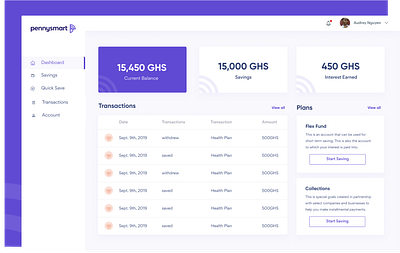 Pennysmart dashboard design finance product saving savings uidesign ux uxdesign web