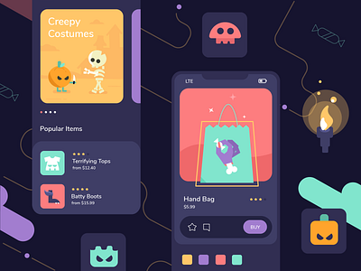 Halloween Dark Theme app design candy dark dark theme dashboard ecommerce flat design game gamification halloween mobile pumpkin shop skeleton treat ui ux