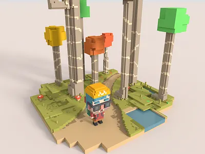 Through the forest 3d 8bits character cubic cute magicavoxel pixel voxel voxel art