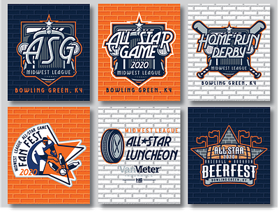 2020 Midwest League All Star Game Event Logos allstar allstars baseball beerfest blue bowling green brick design fans game homerun hot rods midwest milb orange sports wheel