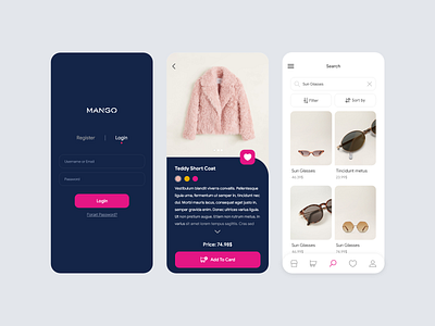 Mango Shop App app btn clothing color colorful cta cta button form glasses hellodribbble home login page mango pattern product profile search search page shop shopping