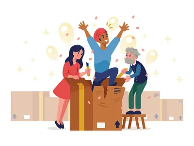 MLife illustrations 03 box cartoon celebrate characters concept creative delivery digital flat foudation funny happy idea illustration indian landing page mascot surprise vector visual