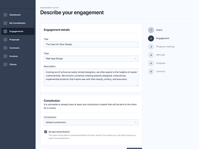 Work engagement setup clients constitution contract engagement freelancers mini poll nda platform progress tracking project management proposal survey web app web application design website work