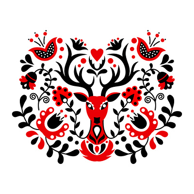 Scandinavian style art black deer design digital floral illustration norway ornament red scandinavian scandinavian design scandinavian style sweden
