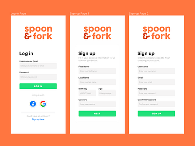 Spoon&Fork - Log in/Sign up Interfaces culinary food food app mobile mobile app mobile design mobile interface mobile ui ui uxui