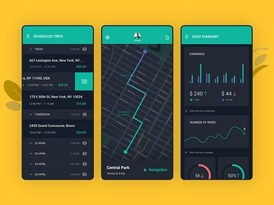 Taxi Driver App app cab dashboad driver graphs interface list map mobile navigation ridesharing statistics taxi transportation