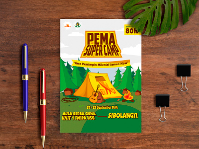 Camp Flyer branding camp flat flyer artwork flyer design forest hiking illustration morning mountain outdoors typography vector