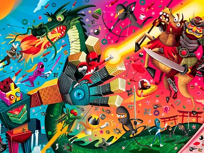 Ninjas vs Robots - Seek and Find for Recreio Magazine advertising collage design detail digital collage illustration japan ninja pixel art pop robot where is waldo where is wally