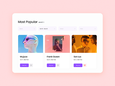 Concert ticketing event card favorite filter minimal minimalism music search ui uiux ux web design website