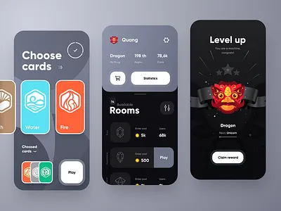 Elemental Game card cards colors dark design dragon earth fire game games gems mobile ui water