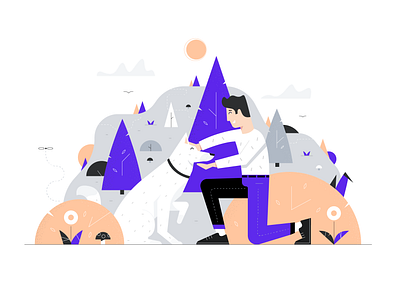 Rabbu - Illustration airbnb dog goodtime grey happy illustration man mountain nature relax trees