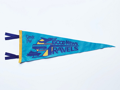 Good News Travels Pennant 80s badge banner branding felt handmade heritage homage identity logo oxford pennant pin retro screenprint throwback travel typography vintage