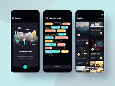 Mobile app for listening podcasts — Onboarding and Interests categories dark app dark mode dark theme dark ui experience illustraion interests interface listening mobile modern design podcasts sketch ui ux