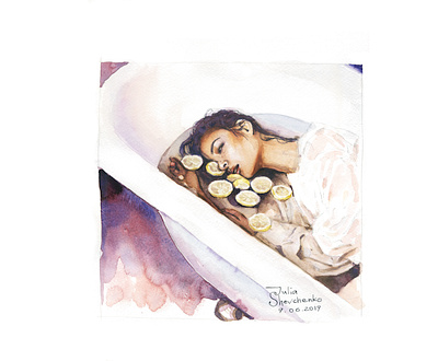 The girl, bath and lemons art design illustration watercolor