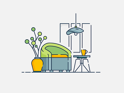 Interior Shot 1 architecture exterior design flat flat design furniture green house icon illustration interior interior design line minimal minimalism minimalist plant table ui ux vector