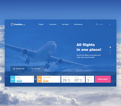 Travelino - startscreen of search flights website deals flight flight app flight search flights fly plane travel trip ui user interface