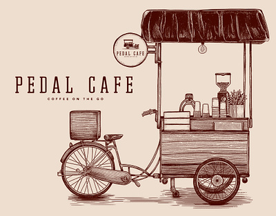 Pedal Cafe - Coffee on a Bike Illustration brand branding branding and identity coffee coffee shop detailed etching hand drawn illustration logo procreate vintage badge vintage logo visual identity