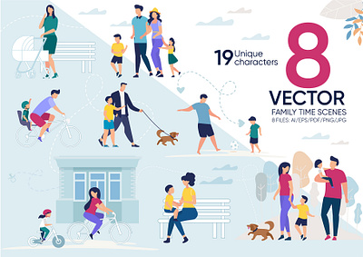 Family Time Vector Scenes activity art baby boy childhood couple cute daughter design drawing family kids life lifestyle love mom nature person relationship vector