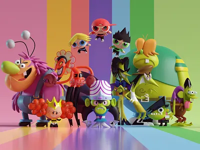 Powerpuff Girls Villains (Rainbow BG) 90s cartoons b3d blender cartoon network illustration mojojojo powerpuff girls render villains