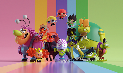 Powerpuff Girls Villains (Rainbow BG) 90s cartoons b3d blender cartoon network illustration mojojojo powerpuff girls render villains