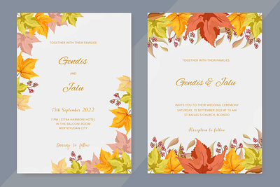 wedding invitation with beautiful autumn leaves beautiful bouquet card decoration decorative design elegant floral frame greenery illustration invitation invite leaf plant romantic save the date vector watercolor wedding