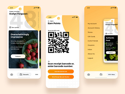 Get Rewarded app application earn points food loyalty loyalty program menu offers progress qr code restaurant slider ui ux