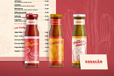 Kobacán - Mexican Restaurant bottle branding concept design illustrated packaging illustration menu mexican mexican restaurant packaging packaging design red sauce