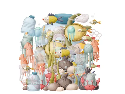Ocean pollution cartoon character design doodle drawing earth ecology illustration ocean plastic pollution problem sea zero waste