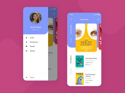 Audiobook App: Side Menu & Home audiobook audiobooks book maroon profile purple ui uiux ux