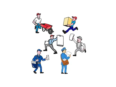 Delivery Person Mascot Cartoon Set cap caricature carry cartoon collection courier deliver delivering delivery person express freight logistic mailman newspaper delivery boy parcel postman service set uniform worker