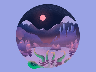 Octopus 🐙 adventure colors digitalart flat flatdesign gradient grain texture hogwarts homepage illustration landscape moon moutain octopus procreate purple simple texture ui ux