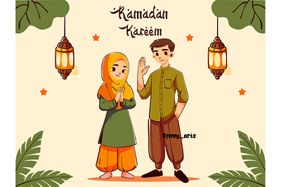 Illustration of Two Young Muslims Greeting Ramadan Kareem background celebration eid event fasting fest festival holiday islam islamic lantern moslem mubarak muslim people pray prayer praying ramadan religion