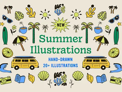 Summer Illustration Pack beach beach brand beach logo beach trip branding color design graphic design icons illustration illustrator logo marketing nature nature illustrations summer summer illustrations surf tropical typography