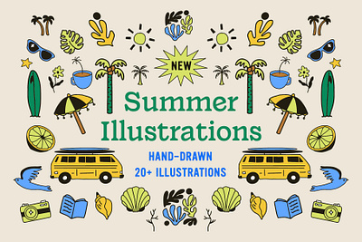 Summer Illustration Pack beach beach brand beach logo beach trip branding color design graphic design icons illustration illustrator logo marketing nature nature illustrations summer summer illustrations surf tropical typography