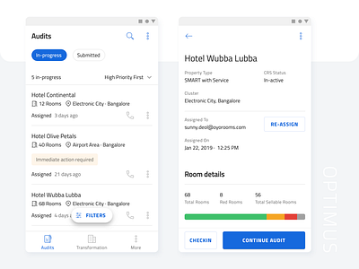 Optimus - OYO Transformation App android audit breakdown detail home interface internal listing location minimal mobile ui