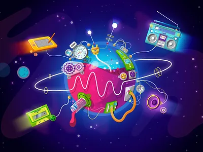 MilkyWaves Live Radio art colors creative design illustration mechanical planet radio space stars vector
